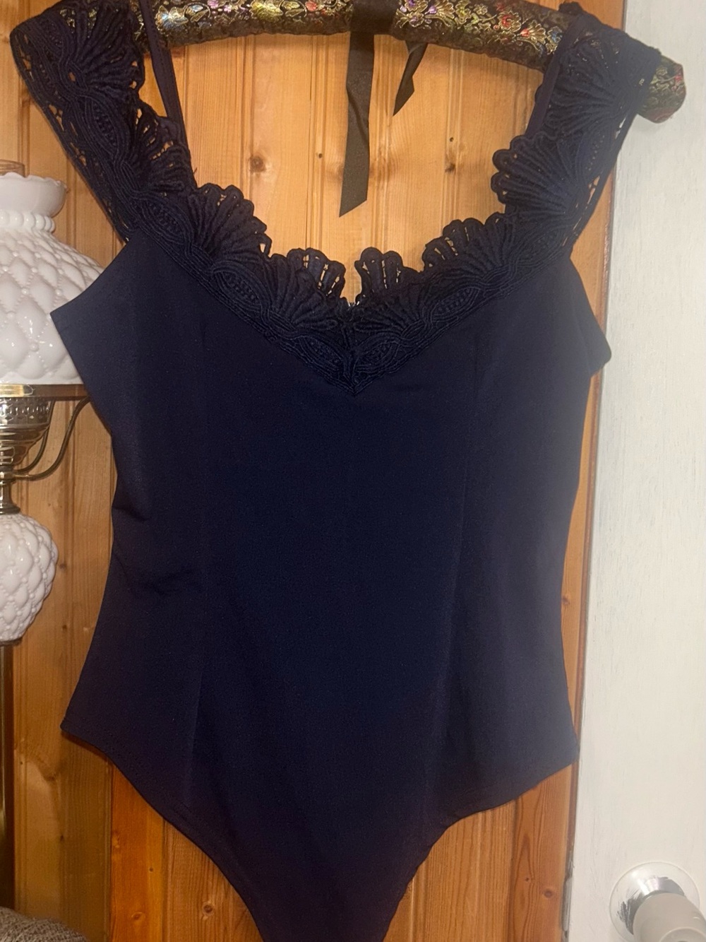 Elegant Navy Lace-Trim Bodysuit for Women